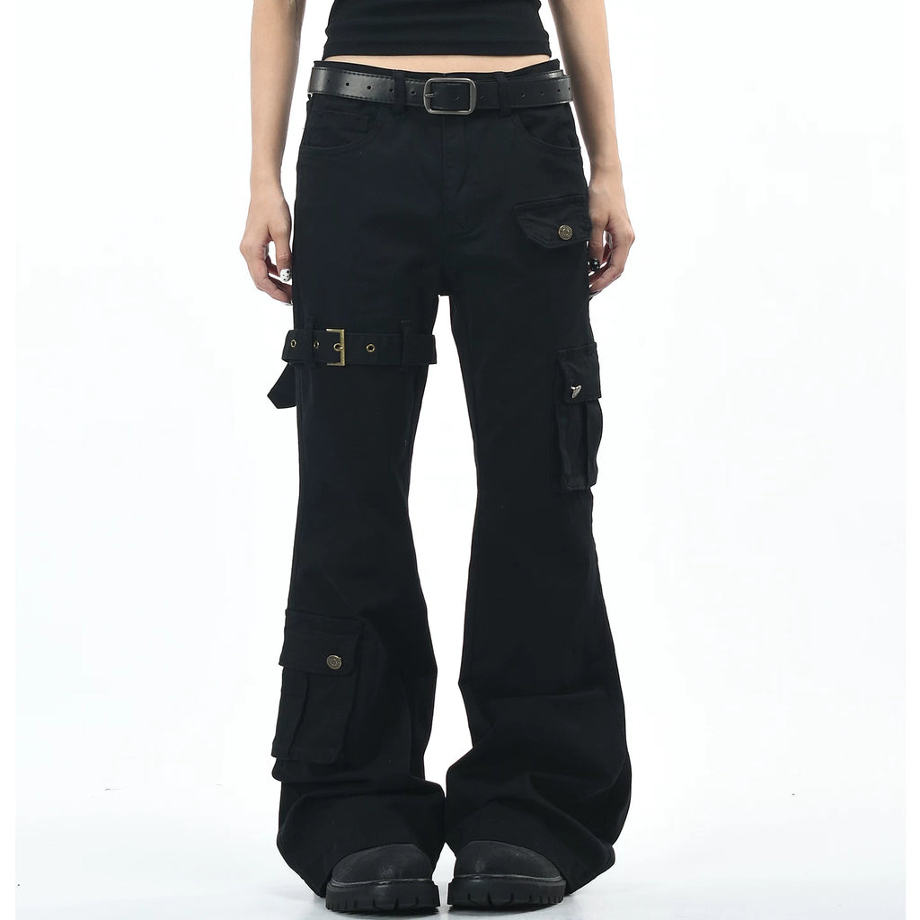 OV original American subculture multi pocket work pants with loose strap design for men and women, slim and casual, slightly flared pants trend