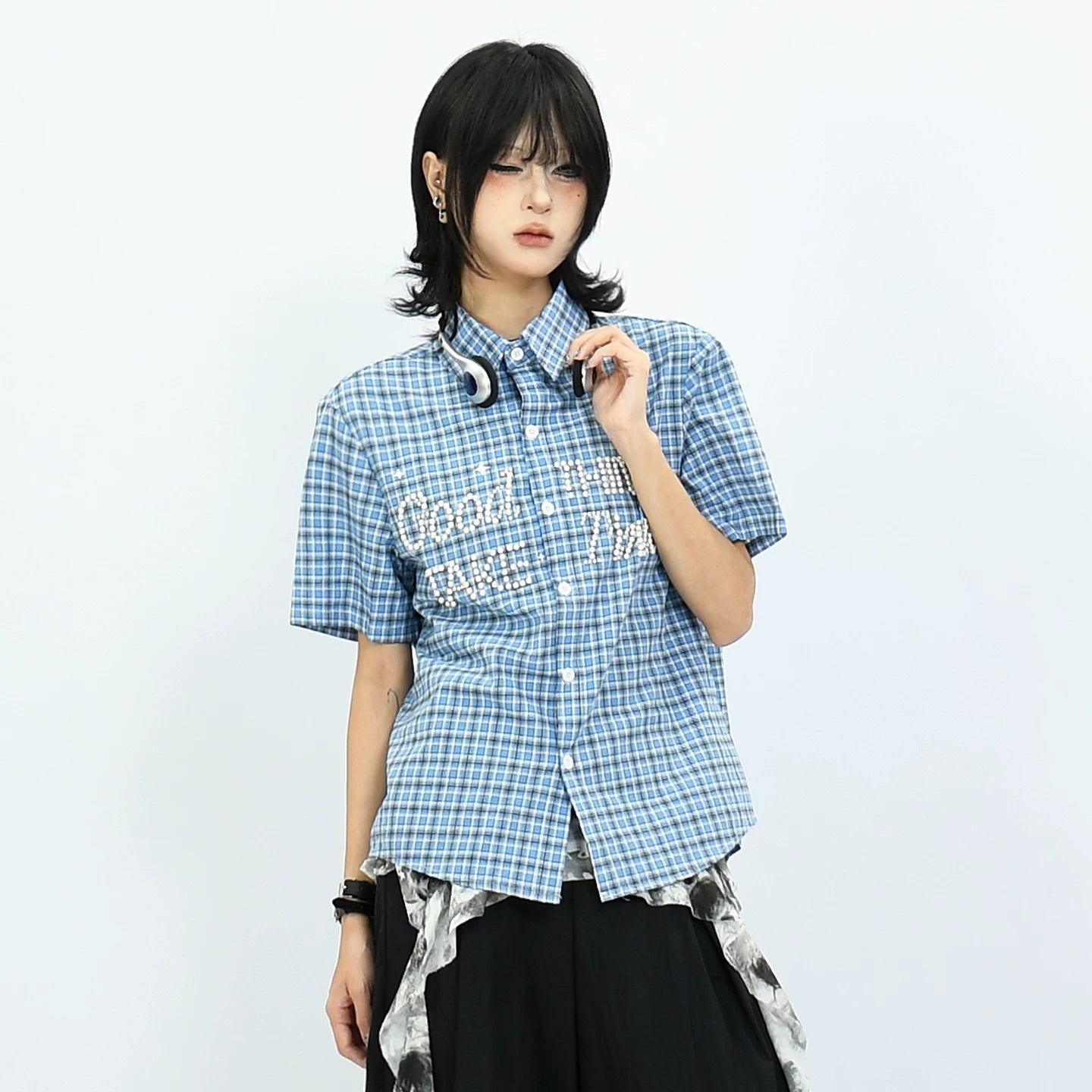 OV original American retro checkered shoulder short sleeved shirt with women's nail bead design, casual short style, summer shirt trend