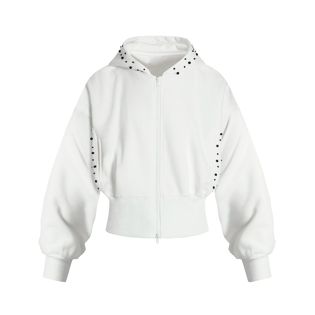 OV original American three-dimensional pearl design sense short hooded sweatshirt for women in autumn lazy style loose cardigan jacket
