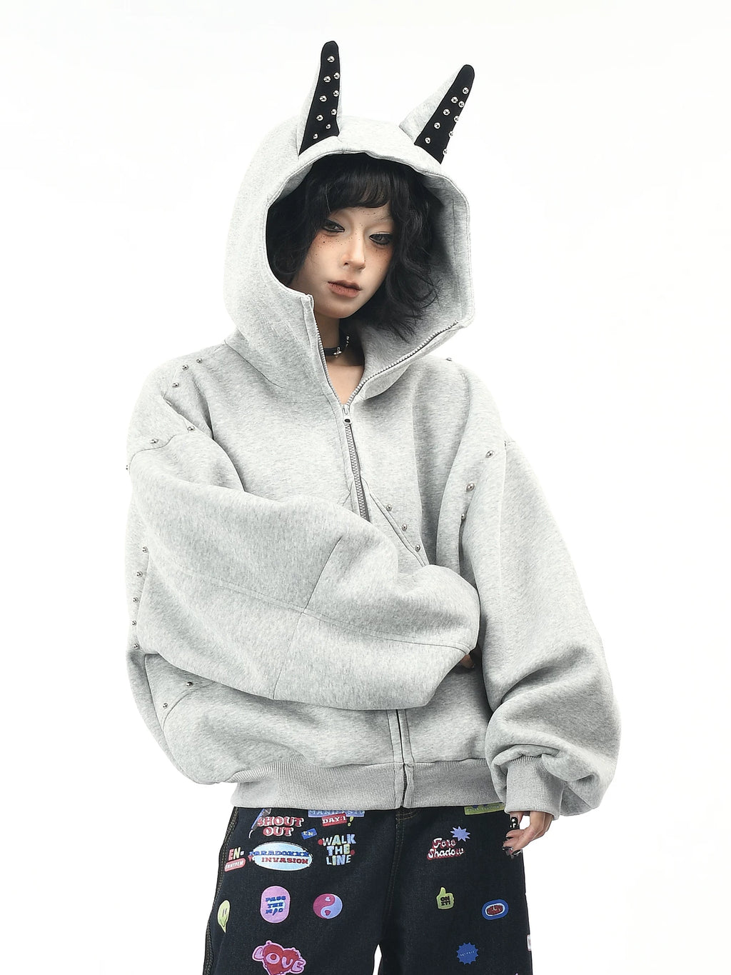 OV original American dog ear design hooded sweatshirt for men and women, autumn loose rivet splicing couple cardigan jacket