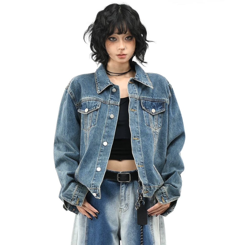 OV original American retro washed vintage denim jacket for men and women, autumn street casual versatile short jacket trend