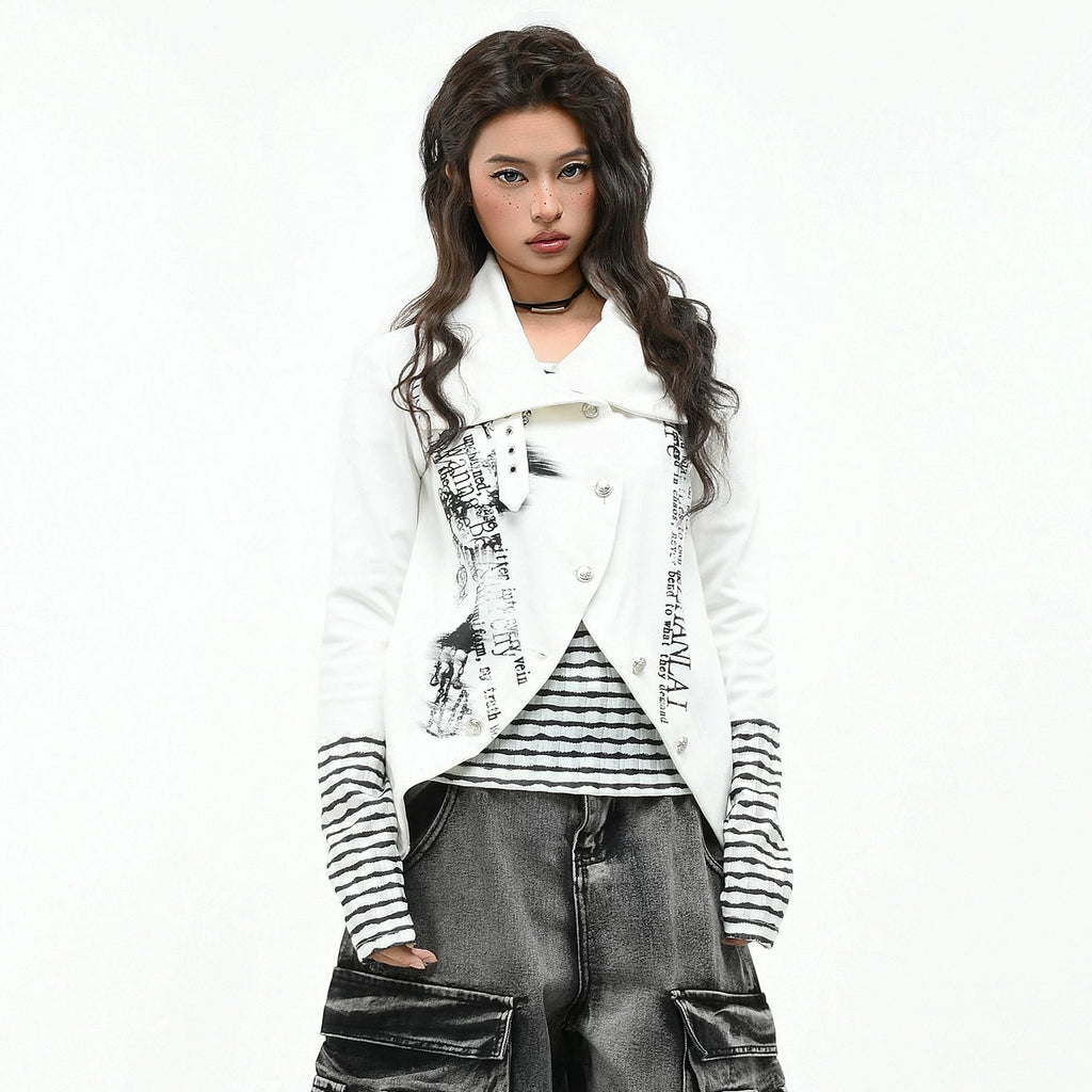 OV Original/Subcultural Stripe Fake Two Piece Splicing Long Sleeve T-shirt for Women's Autumn Slimming Short Style Stacked Trendy Brand Top
