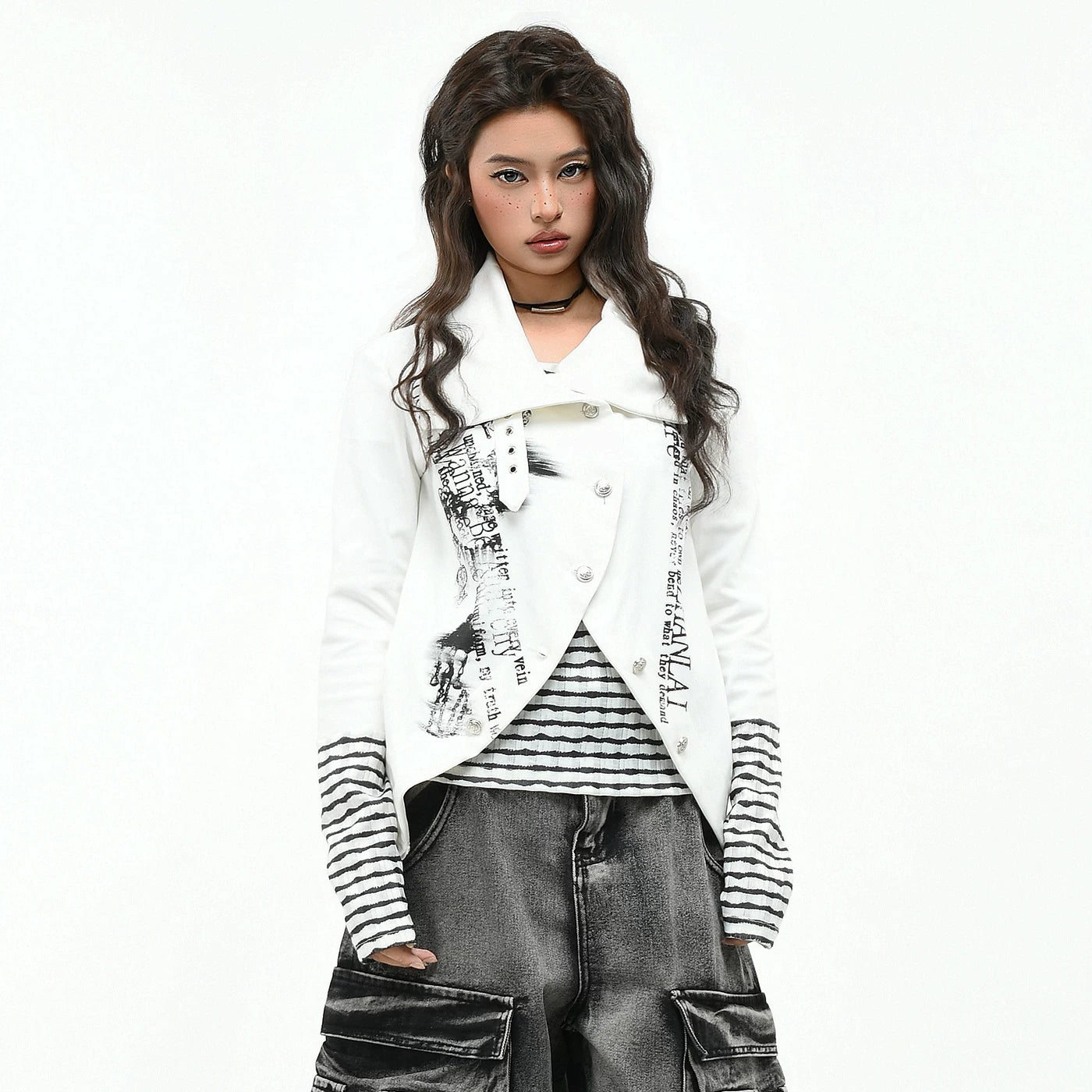 OV Original/Subcultural Stripe Fake Two Piece Splicing Long Sleeve T-shirt for Women's Autumn Slimming Short Style Stacked Trendy Brand Top