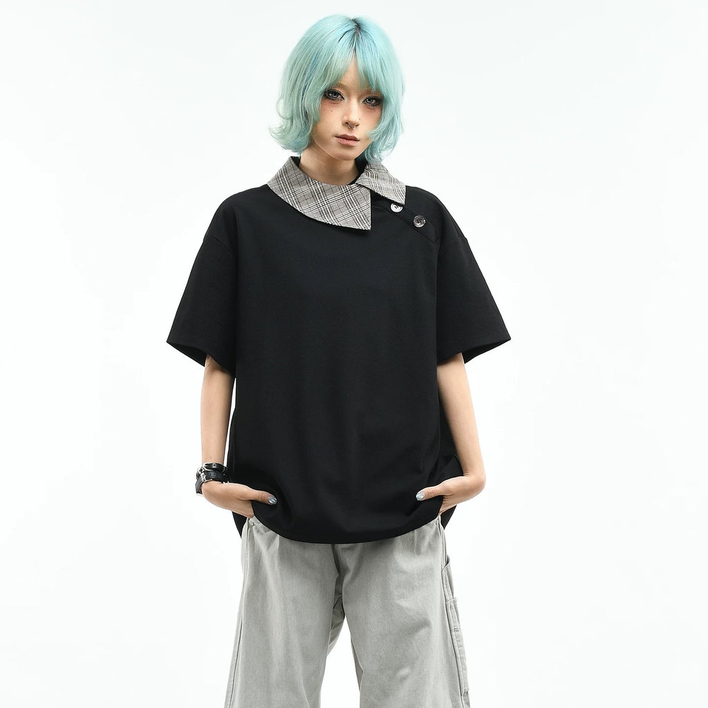 OV original/American slanted placket design short sleeved polo shirt for women in summer, loose and luxurious, contrasting color collar T-shirt for men