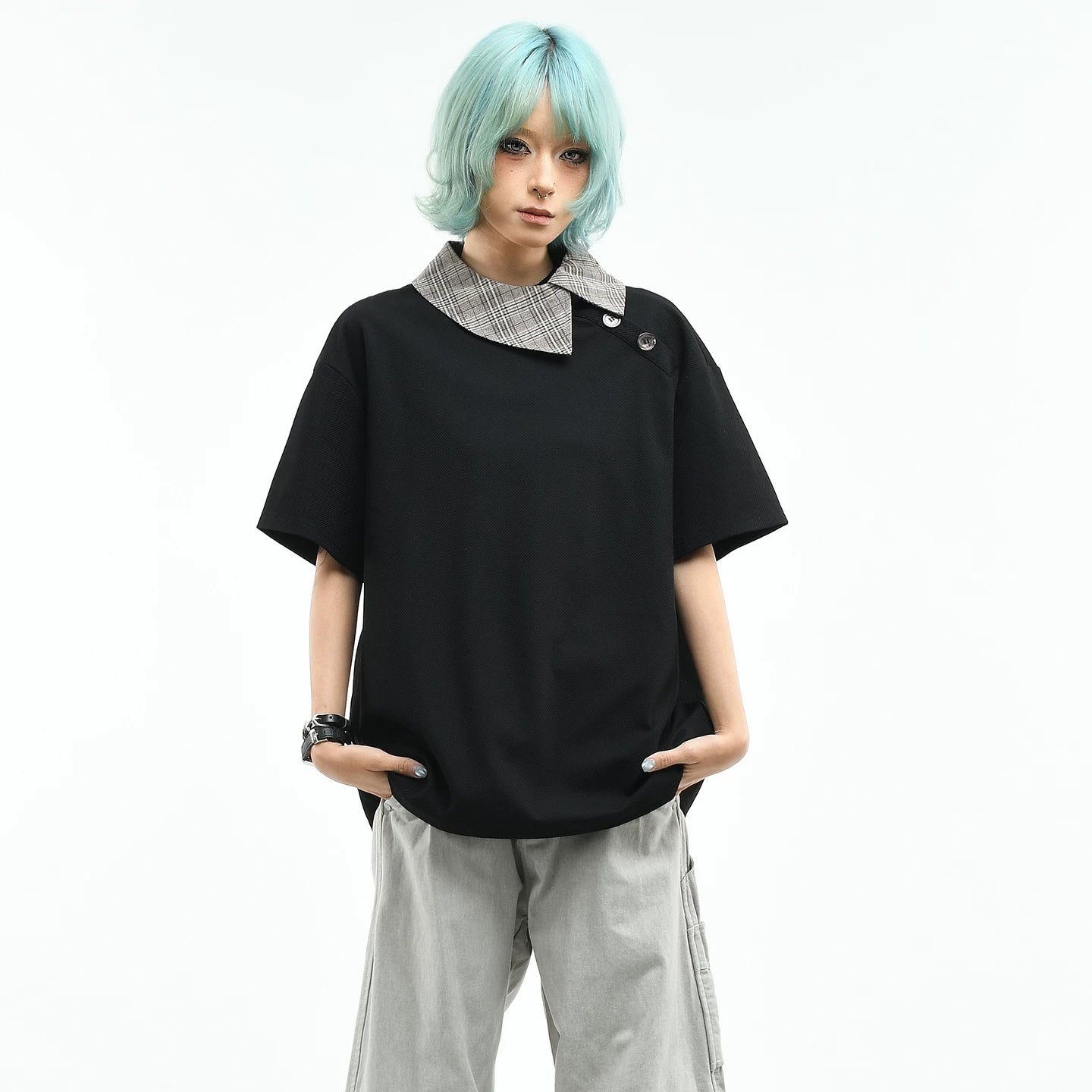OV original/American slanted placket design short sleeved polo shirt for women in summer, loose and luxurious, contrasting color collar T-shirt for men