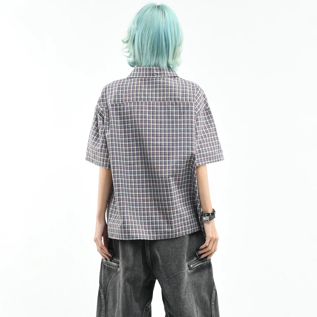 OV original summer new style American retro checkered short sleeved shirt for women, loose college style color button top for men