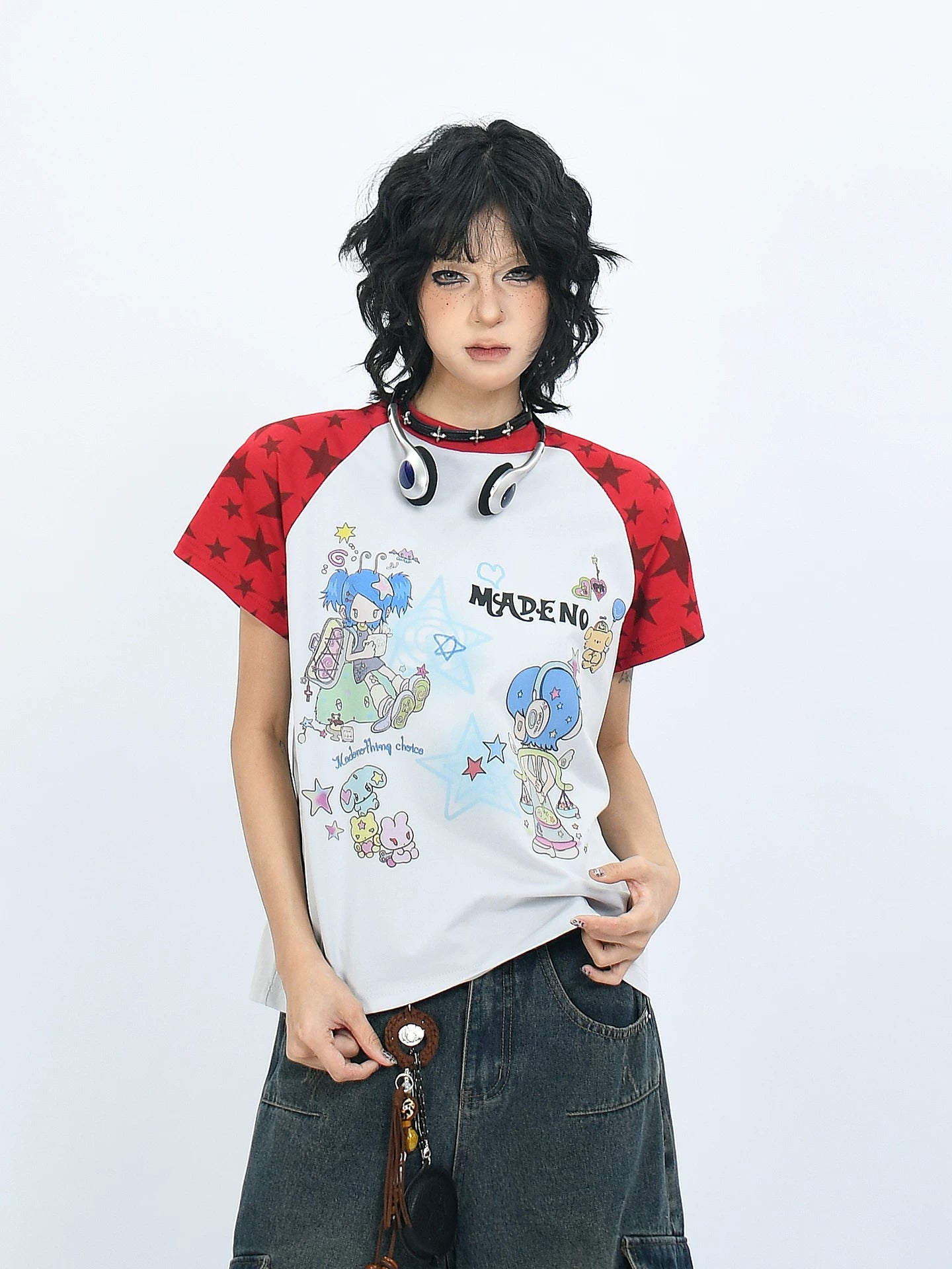 OV original American fun cartoon printed shoulder short sleeved T-shirt for women y2k with raglan sleeves and contrasting color short summer top