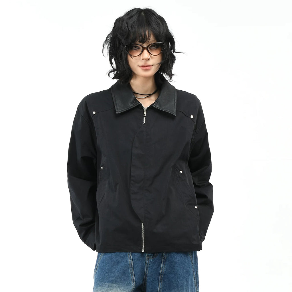 OV original American washed leather collar patchwork short jacket for men and women autumn street fashion brand loose workwear jacket trend