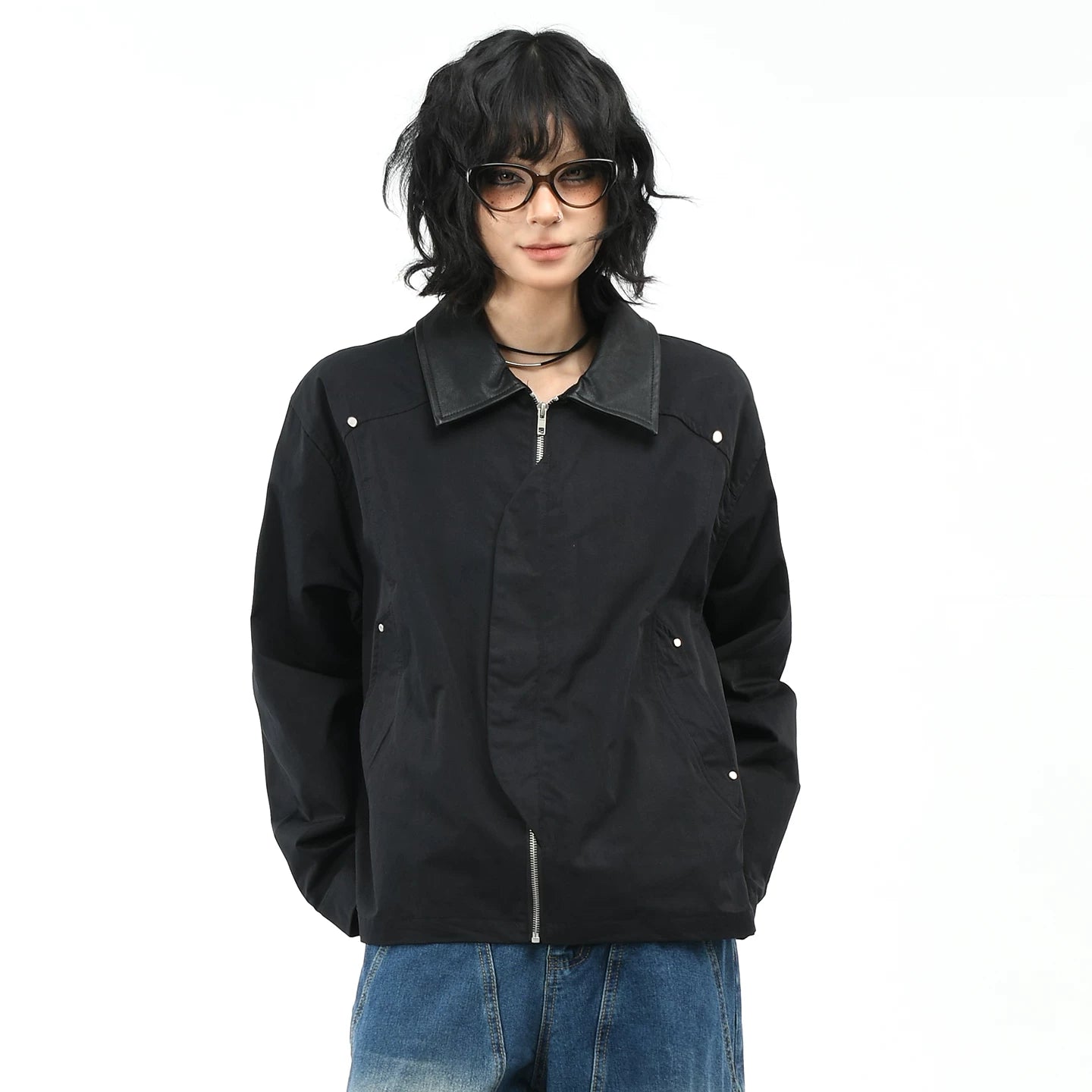 OV original American washed leather collar patchwork short jacket for men and women autumn street fashion brand loose workwear jacket trend