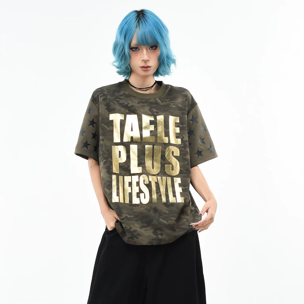 OV original/American camouflage style letter hot stamping printed short sleeved T-shirt for men and women summer loose trendy brand shoulder top