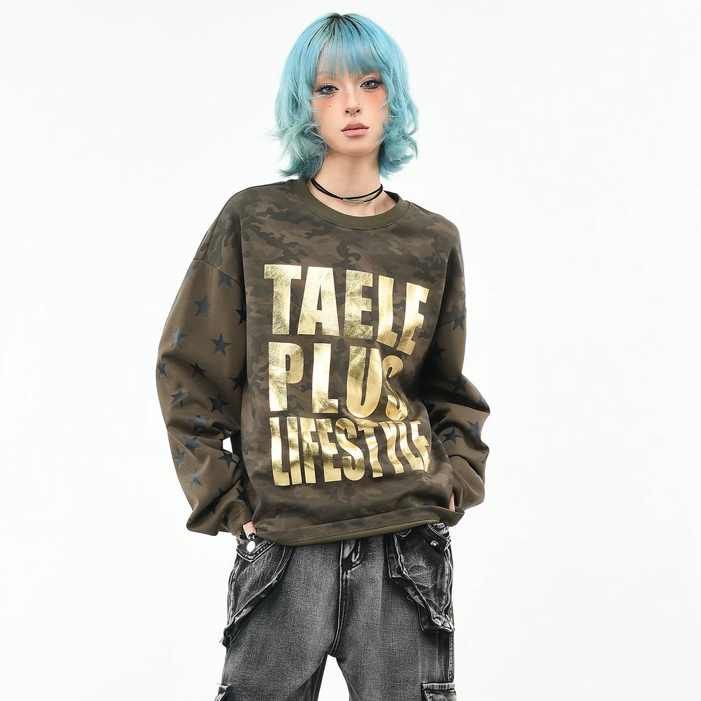 OV Original/American Retro Camouflage Hot Stamped Letter Long Sleeve T-shirt for Men and Women Autumn Trendy Brand Loose Shoulder Top Trendy