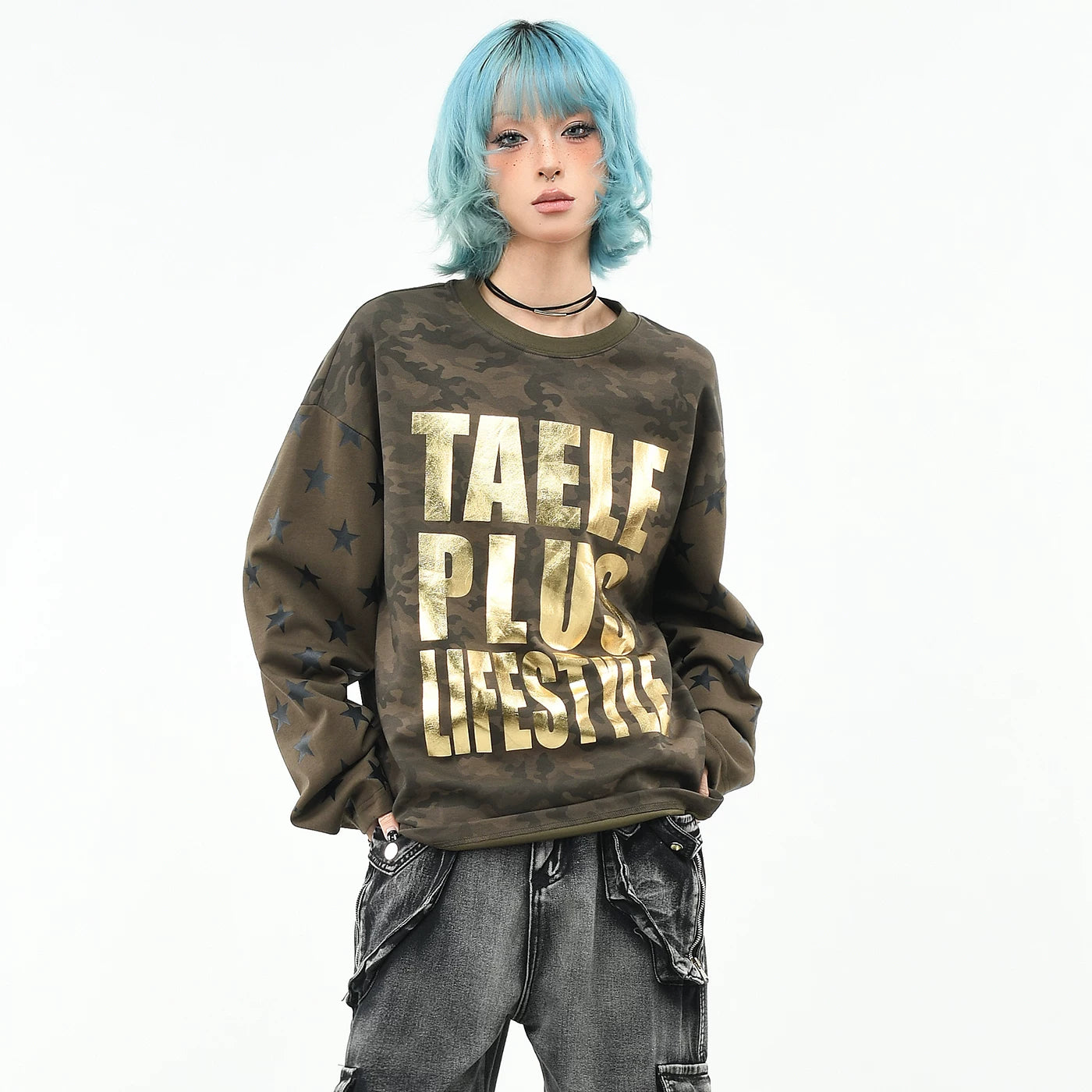 OV Original/American Retro Camouflage Hot Stamped Letter Long Sleeve T-shirt for Men and Women Autumn Trendy Brand Loose Shoulder Top Trendy