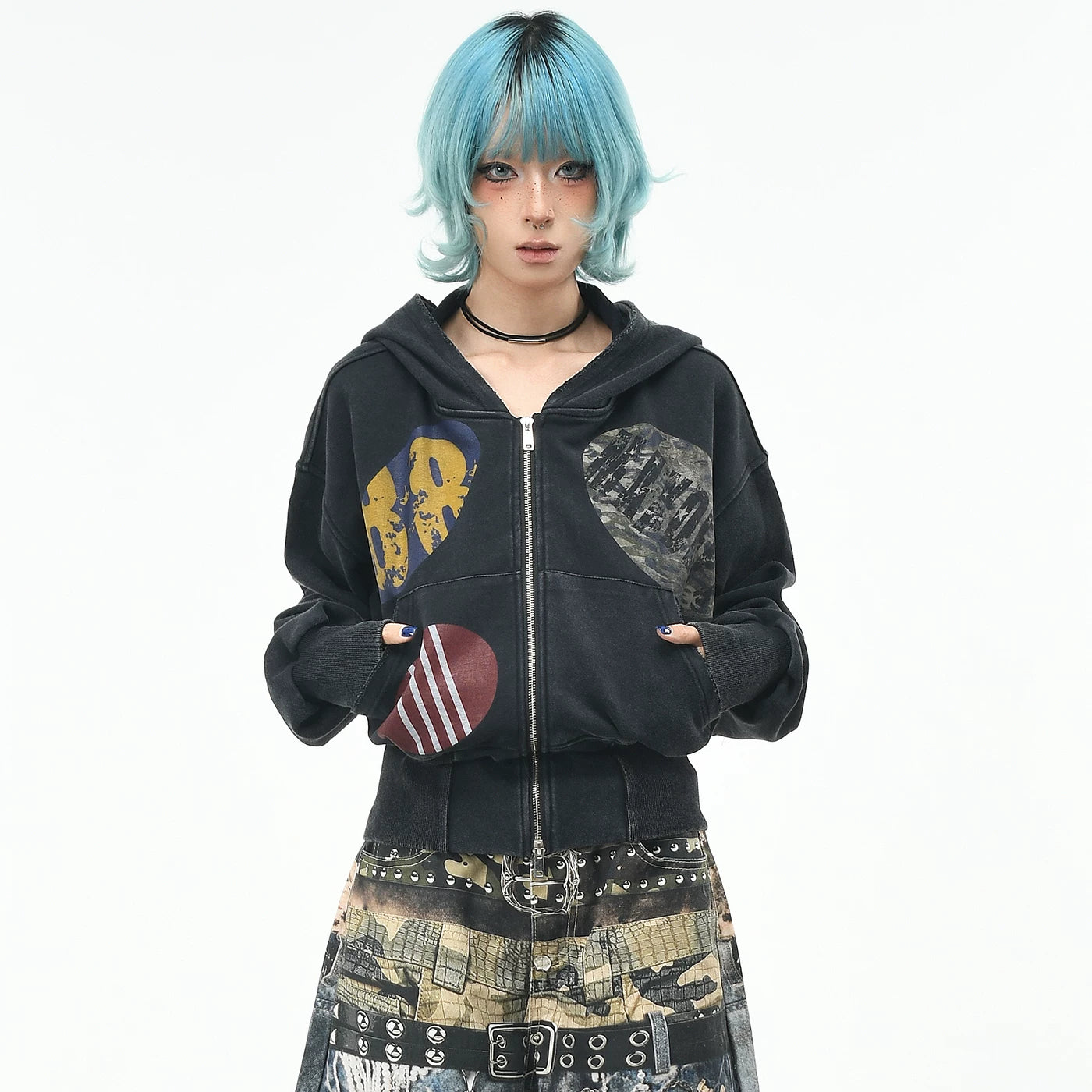 OV original American retro widened thread waist cinched hooded sweatshirt for women in autumn, loose short style, vintage cardigan jacket