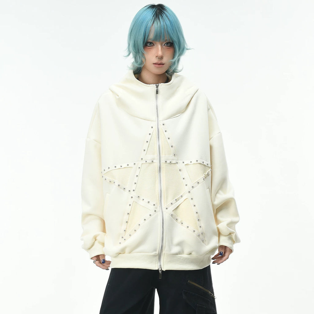 OV original high street retro pentagram rivet design hooded sweatshirt for men and women in autumn trendy brand loose cardigan jacket