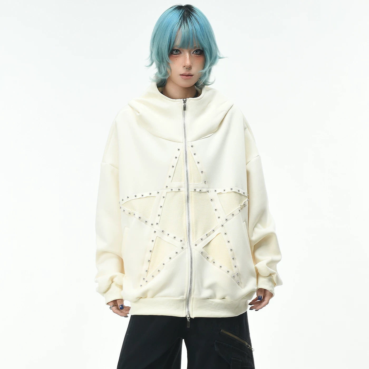 OV original high street retro pentagram rivet design hooded sweatshirt for men and women in autumn trendy brand loose cardigan jacket