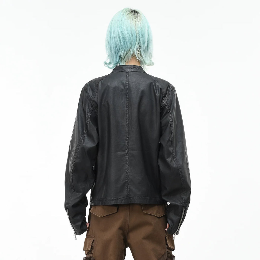 OV original high street motorcycle style PU leather jacket with stand up collar, men's and women's autumn zipper design, cool and stylish short jacket