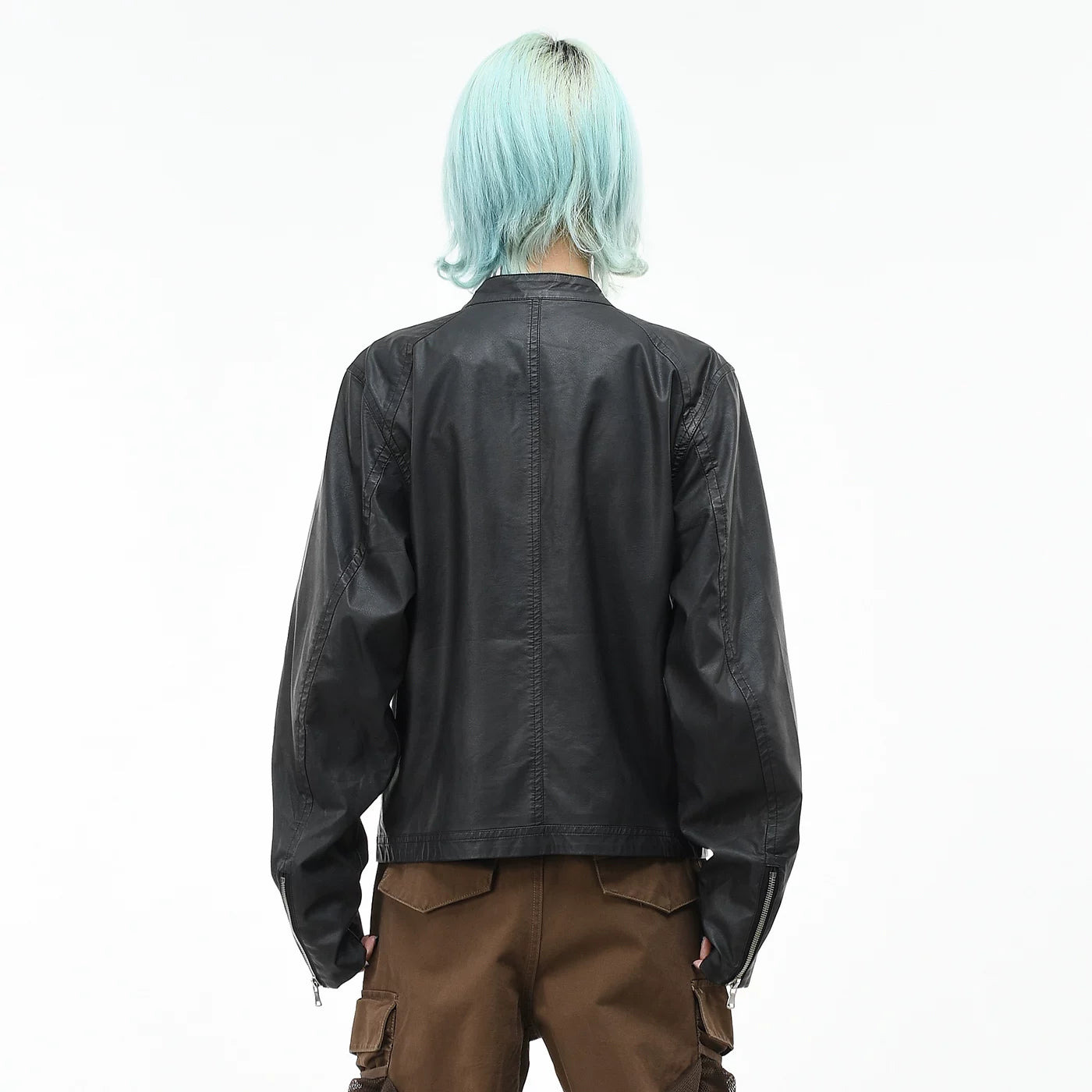 OV original high street motorcycle style PU leather jacket with stand up collar, men's and women's autumn zipper design, cool and stylish short jacket