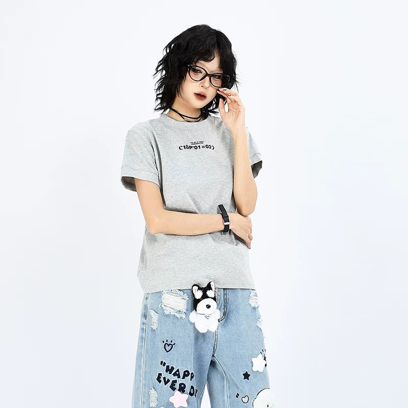 OV Original Summer American Simple Small Letter Printed Shoulder Short T-shirt for Spicy Women, Cool and Slim Short Sleeve Ins