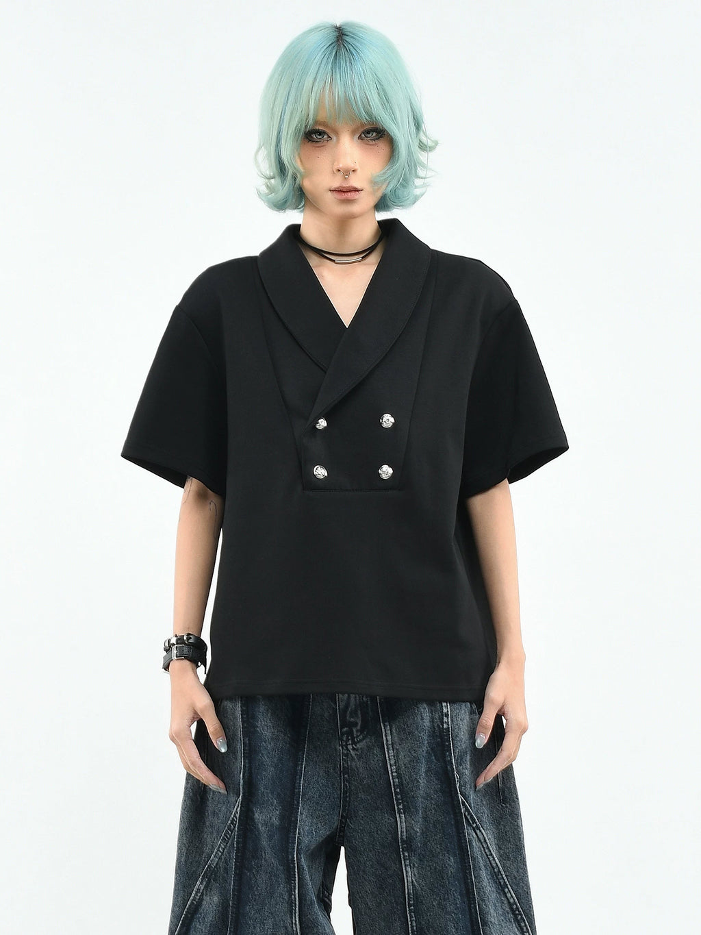 OV Original/Double breasted suit collar, shoulder pads, lapel collar, short sleeved women's summer loose and luxurious feeling, old money style T-shirt, men's trend