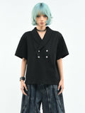 OV Original/Double breasted suit collar, shoulder pads, lapel collar, short sleeved women's summer loose and luxurious feeling, old money style T-shirt, men's trend
