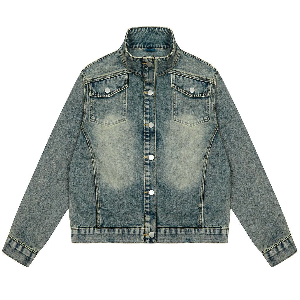 OV original American washed vintage stand up collar denim jacket for women's autumn street ruff and casual short jacket top