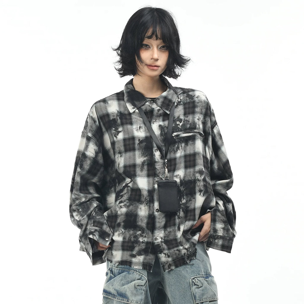 OV original American retro plaid tie dye vintage long sleeved shirt for men and women in autumn, loose and casual, fringed shirt trend