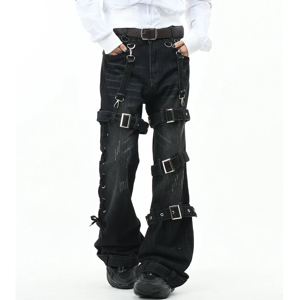 OV Original Punk Abi Style Strap Design Washed Jeans for Men and Women, Slim Fit, Micro Horn, Show Thin and Long Pants, Trendy