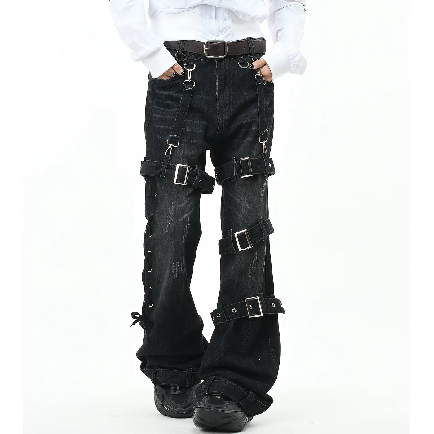 OV Original Punk Abi Style Strap Design Washed Jeans for Men and Women, Slim Fit, Micro Horn, Show Thin and Long Pants, Trendy
