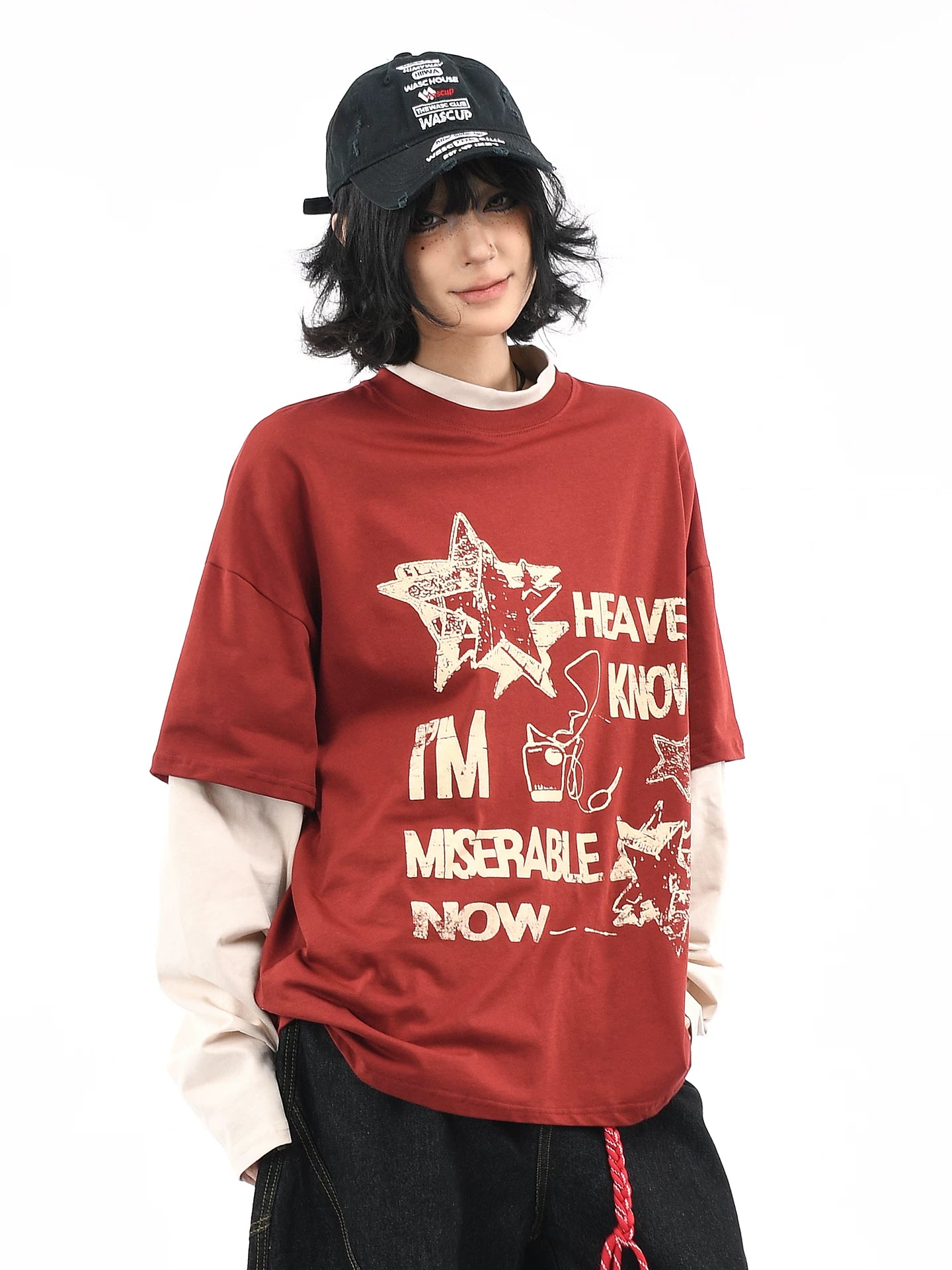 OV original/American retro fake two-piece contrasting splicing long sleeved T-shirt for men and women autumn street loose couple top
