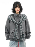 OV original American retro plaid shawl detachable design jacket for men and women autumn loose shaped hat jacket trend