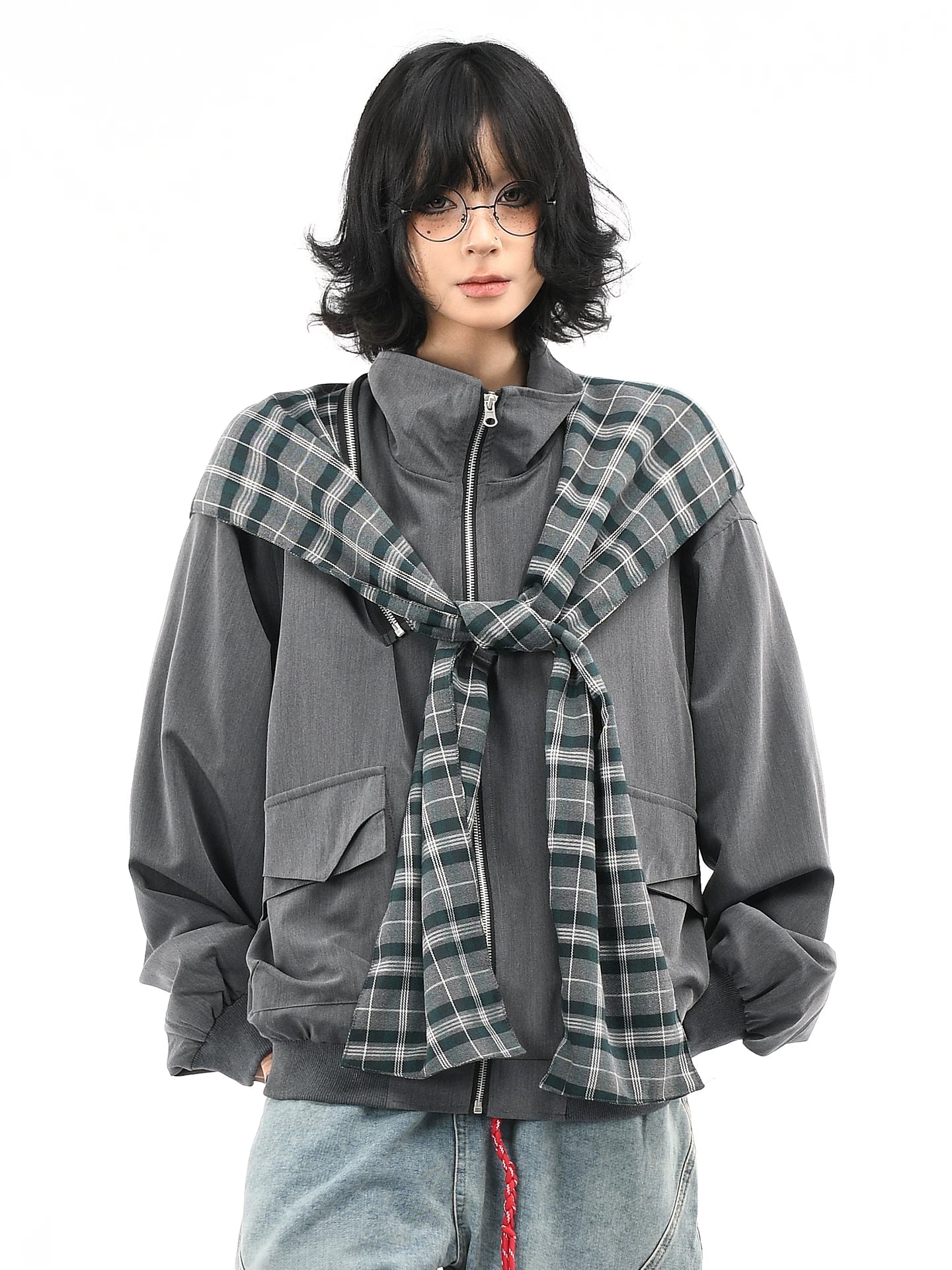 OV original American retro plaid shawl detachable design jacket for men and women autumn loose shaped hat jacket trend