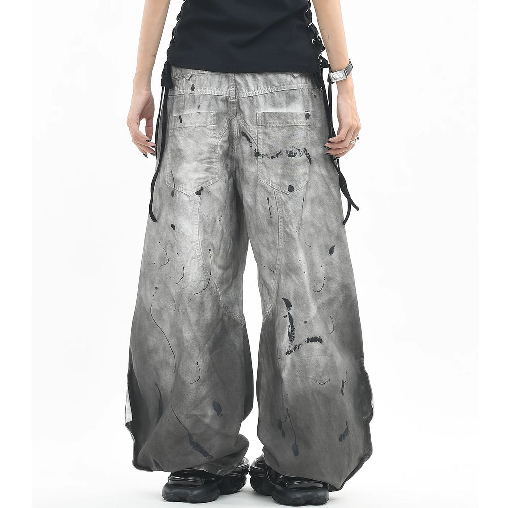 OV original light Asian wasteland style splashed ink dirty dye made old casual pants for men and women loose double waisted drawstring curved knife pants