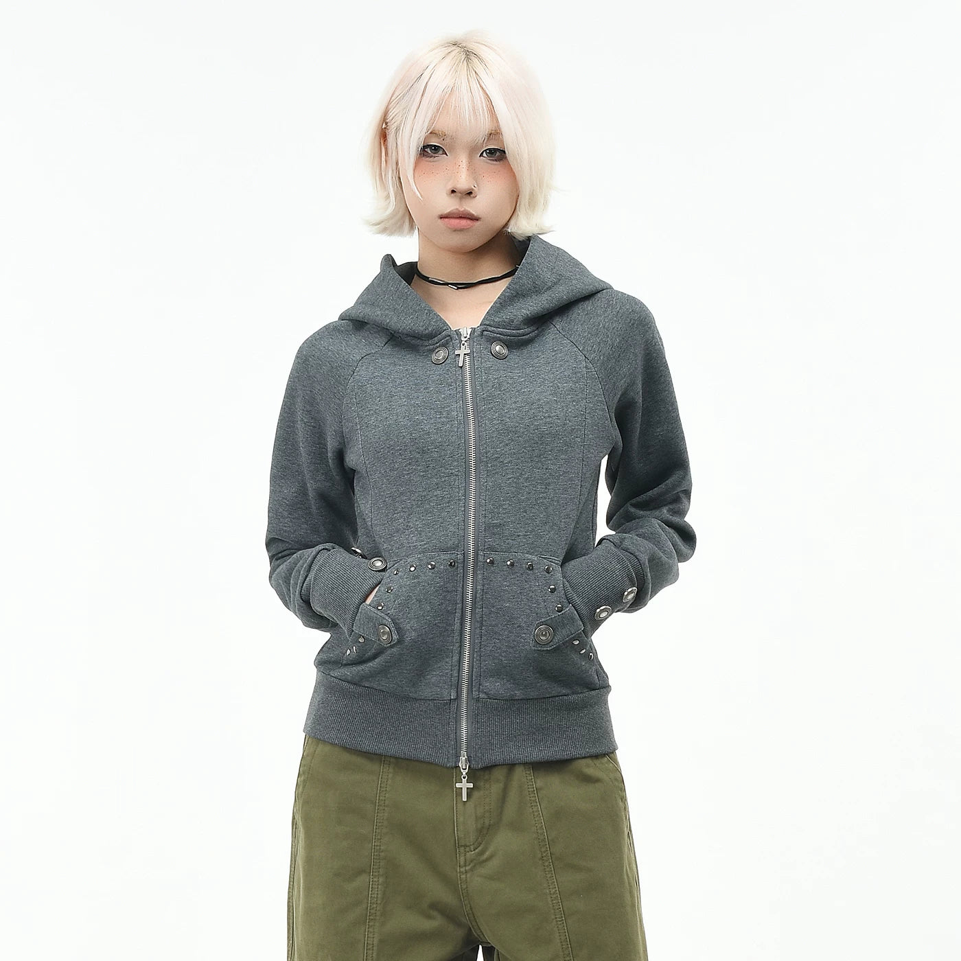 OV原创美式复古铆钉解构连帽卫衣女秋季修身显瘦短款拉链开衫外套