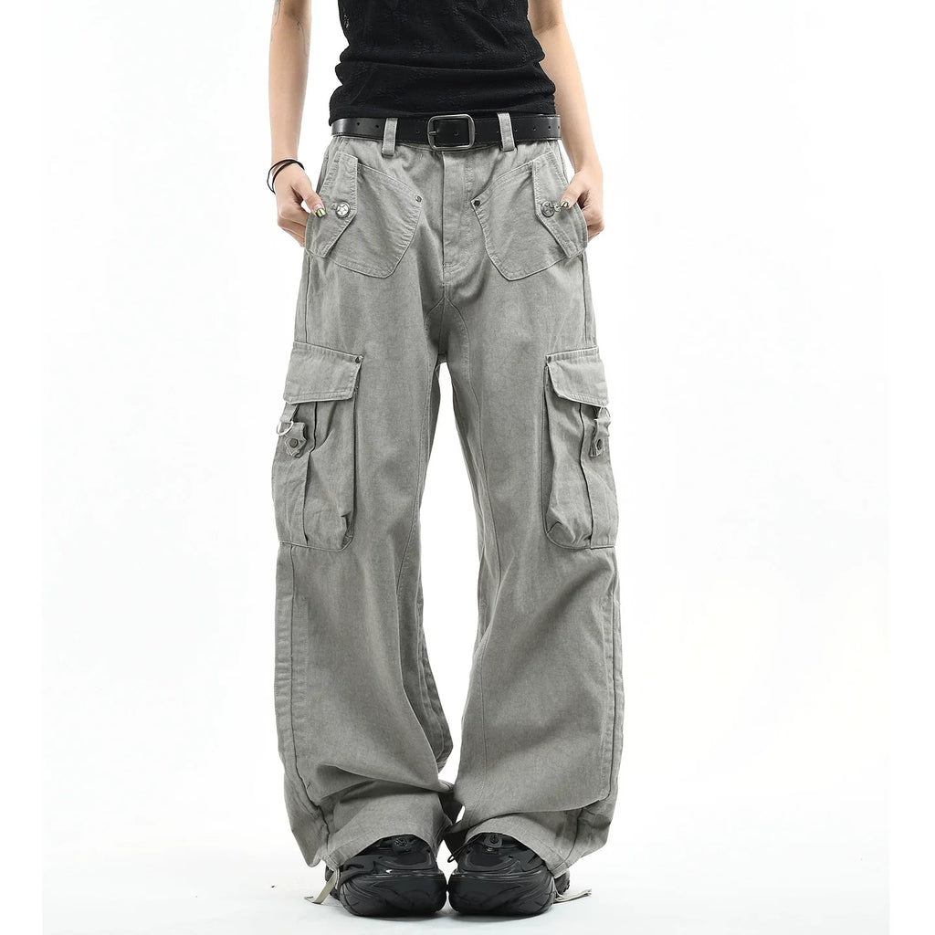 OV original American retro vintage washed multi pocket work pants for men and women, loose wide leg trendy brand couple long pants