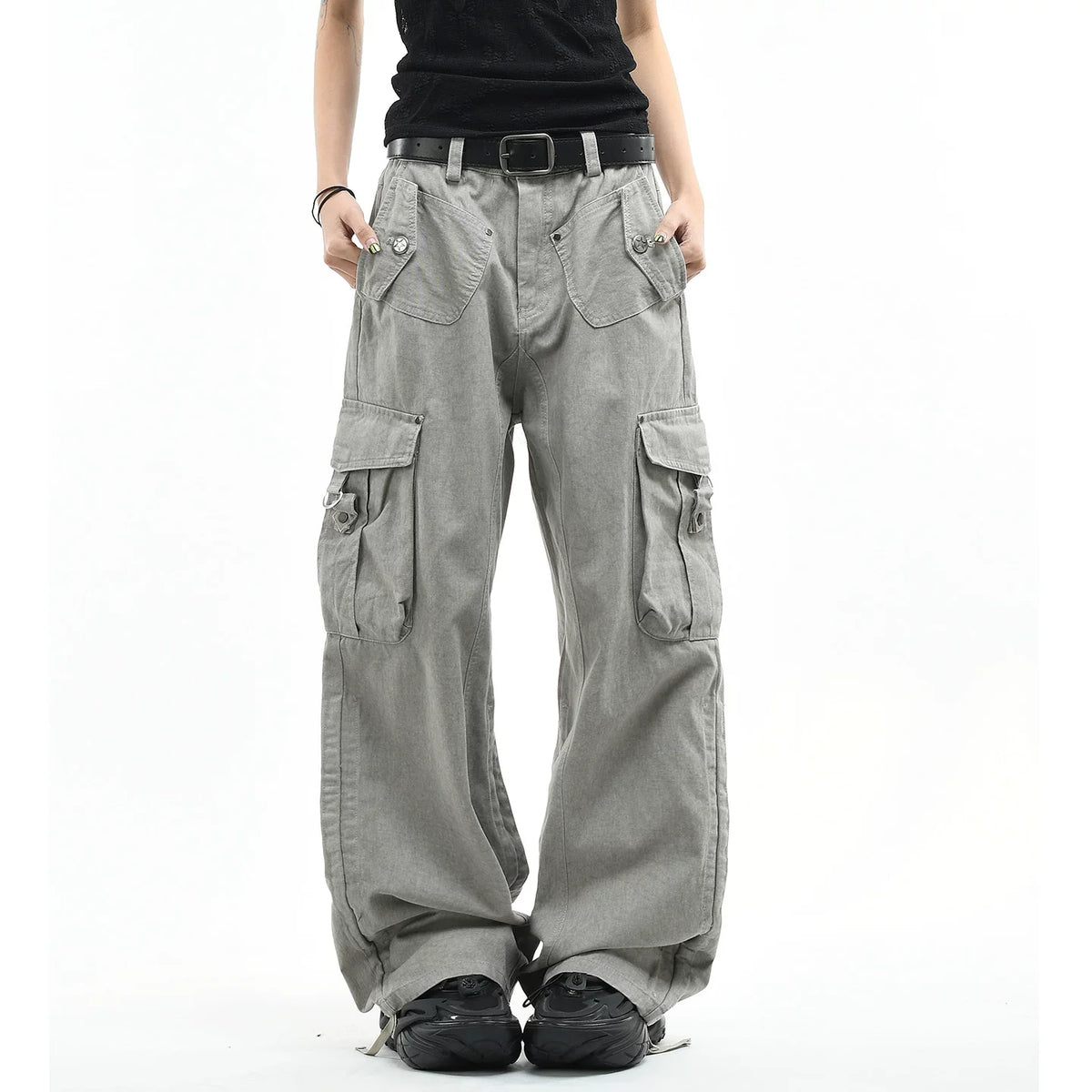 OV original American retro vintage washed multi pocket work pants for men and women, loose wide leg trendy brand couple long pants