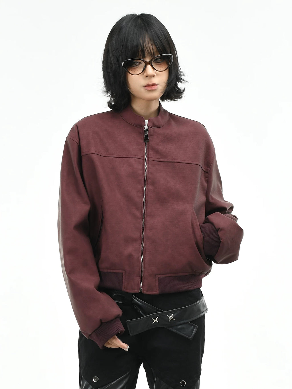 OV original American racing style short PU leather jacket, women's autumn trendy brand loose slimming stand up collar jacket top