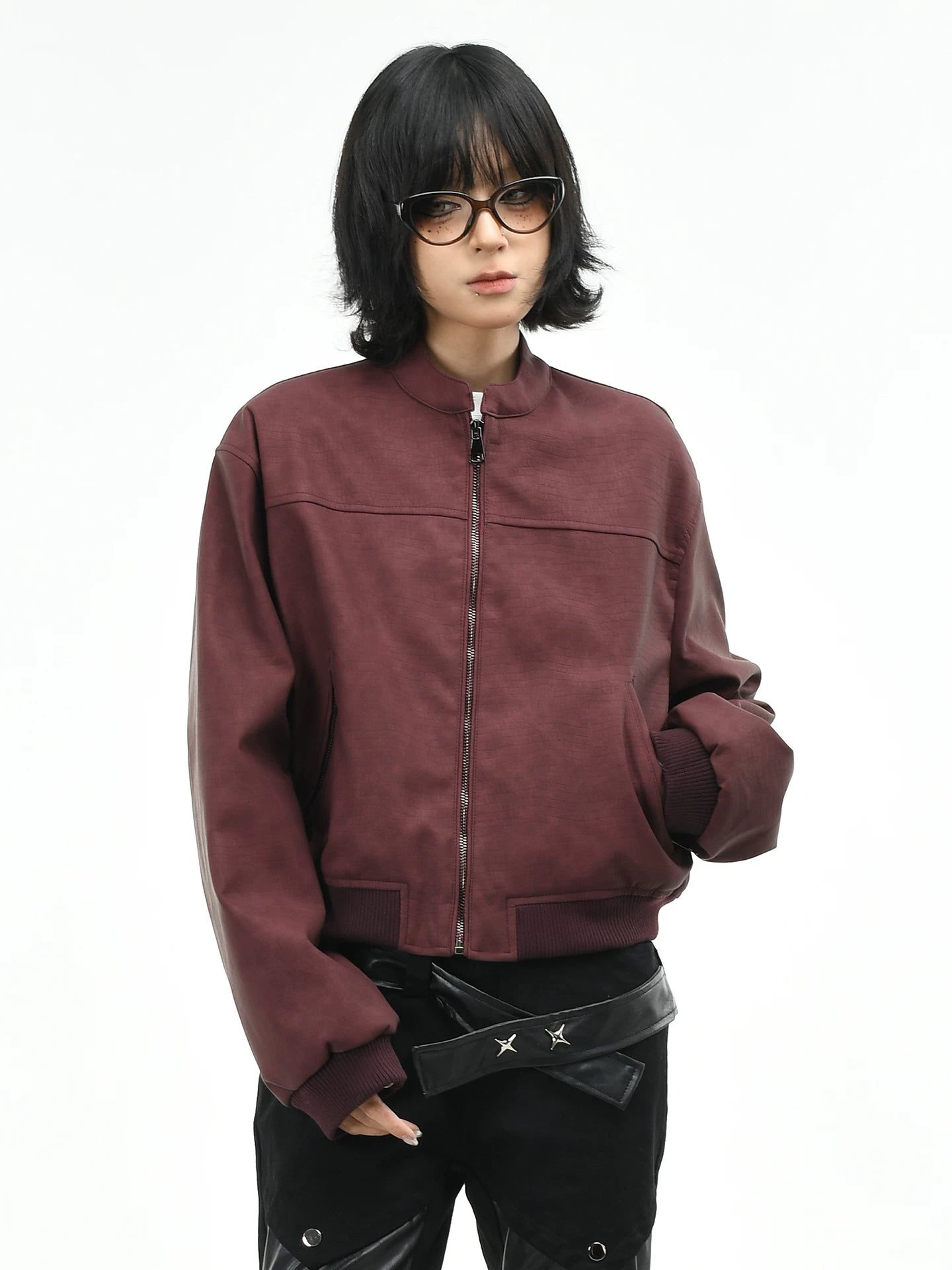 OV original American racing style short PU leather jacket, women's autumn trendy brand loose slimming stand up collar jacket top