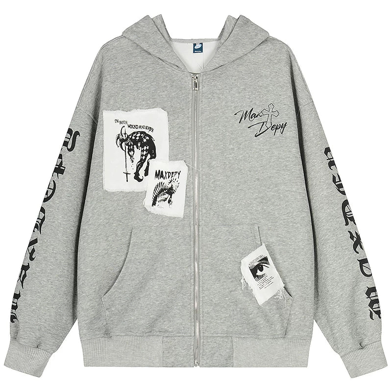 OV original American style patchwork embroidery distressed washed hooded sweatshirt women's spring street loose cardigan jacket men's trend