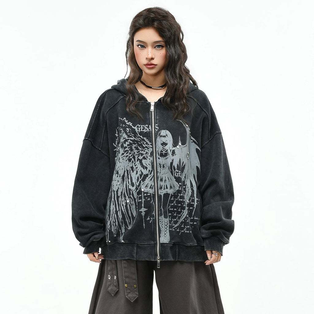 OV original dark gothic style angel print rivet hooded sweatshirt for men and women, autumn loose vintage cardigan jacket