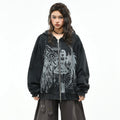 OV original dark gothic style angel print rivet hooded sweatshirt for men and women, autumn loose vintage cardigan jacket