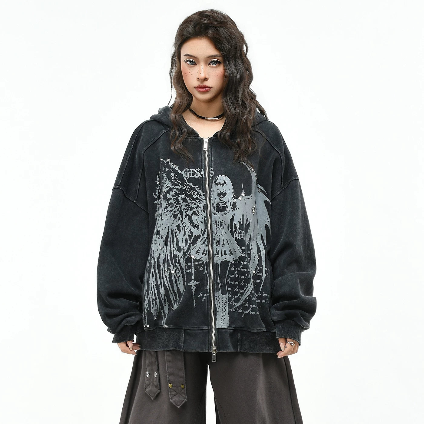 OV original dark gothic style angel print rivet hooded sweatshirt for men and women, autumn loose vintage cardigan jacket
