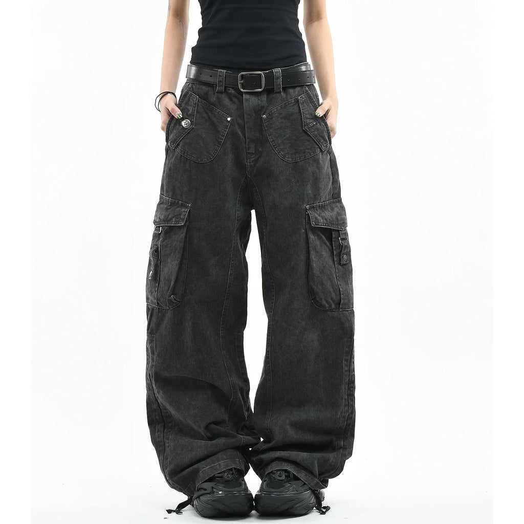 OV original American retro vintage washed multi pocket work pants for men and women, loose wide leg trendy brand couple long pants