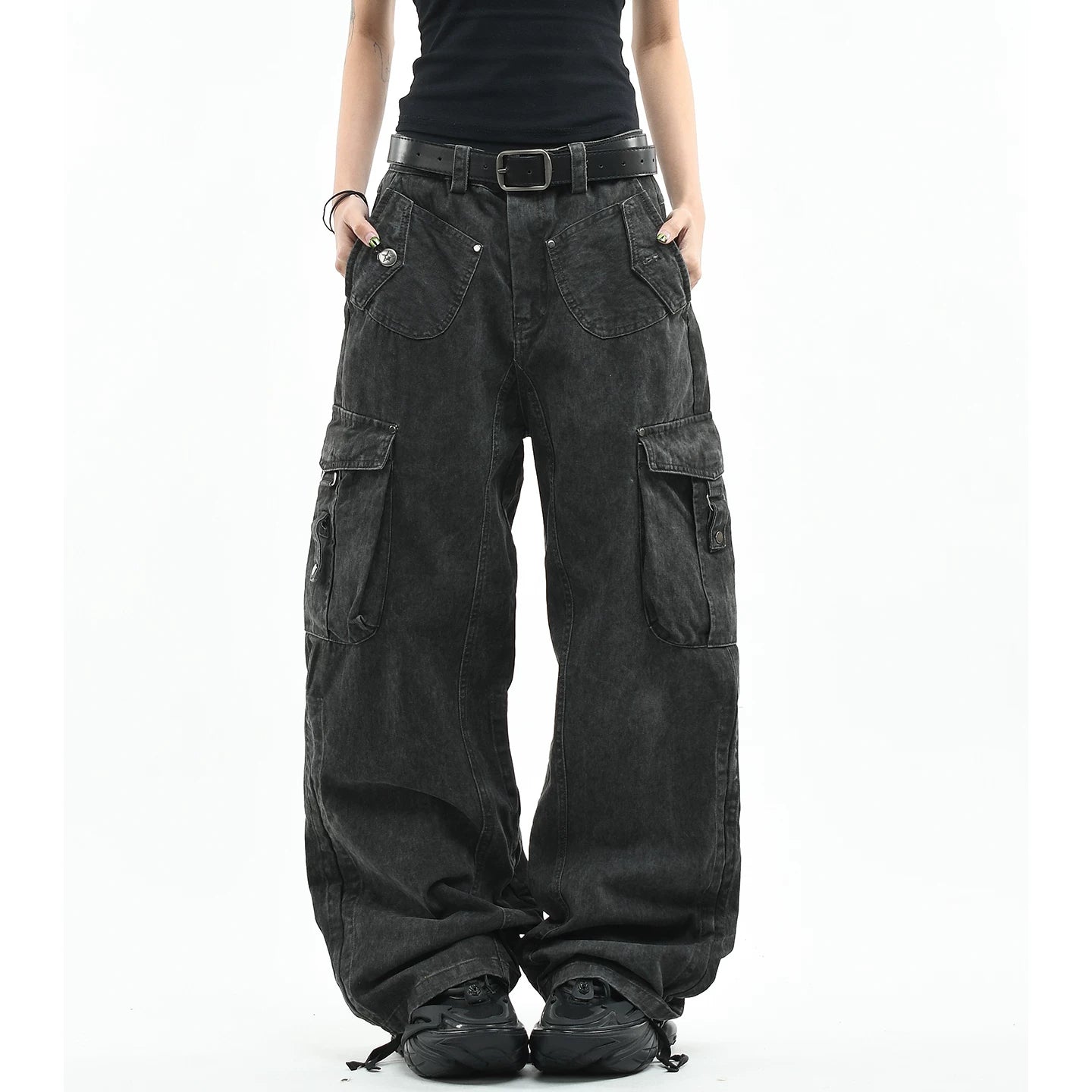 OV original American retro vintage washed multi pocket work pants for men and women, loose wide leg trendy brand couple long pants