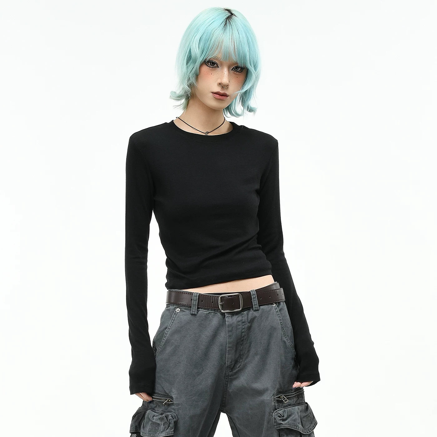 OV Original/White Long sleeved T-shirt Women's Autumn Korean Edition Slim fit Short Bottom Shirt Extremely Simple Style Solid Color Slimming Top