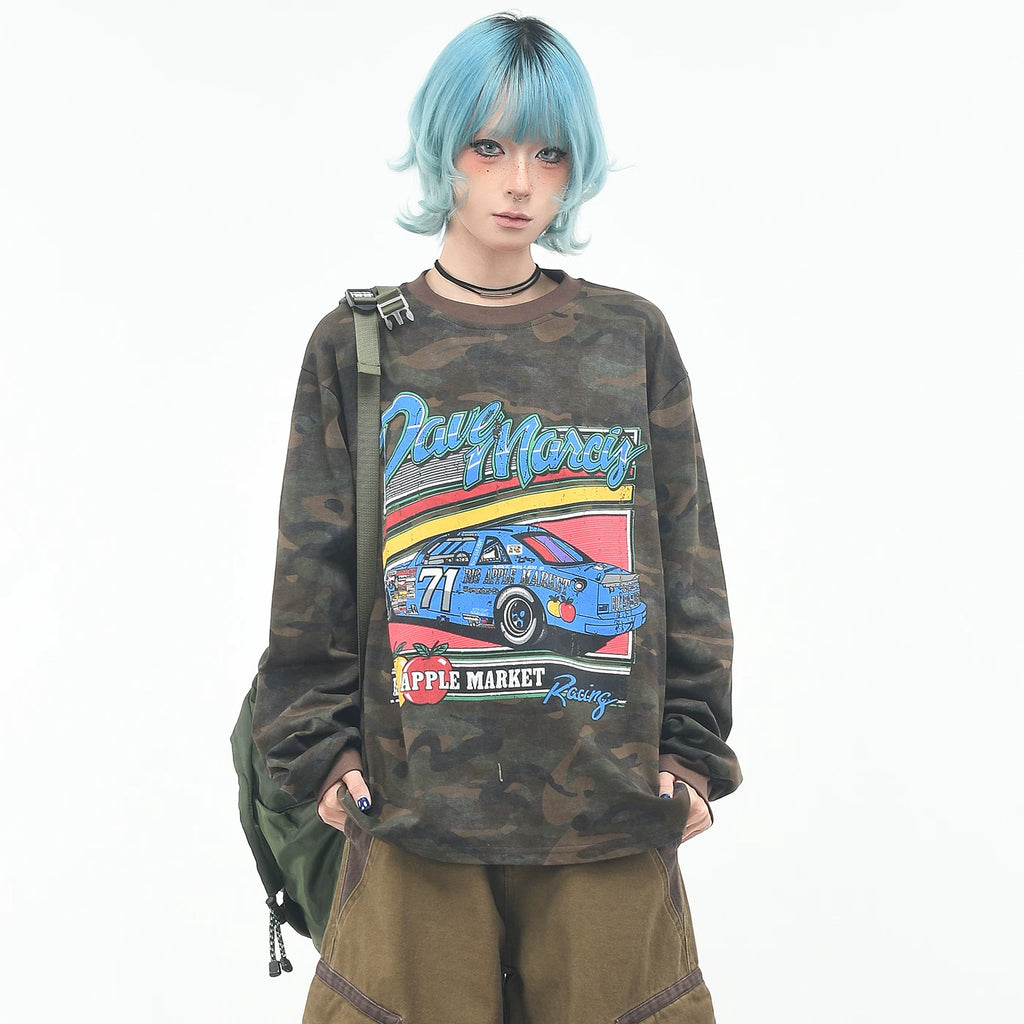 OV Original/American Trendy Brand Racing Printed Camouflage Long sleeved T-shirt for Men and Women in Autumn Loose Hip Hop Color Contrasting Top Trendy