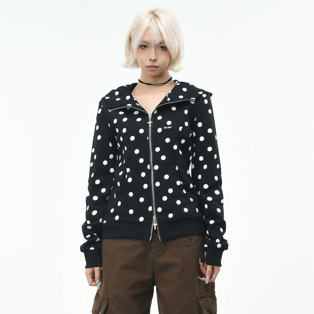 OV original Korean style polka dot print short hooded sweatshirt for women in autumn, college style, slim fit zipper cardigan jacket, trendy