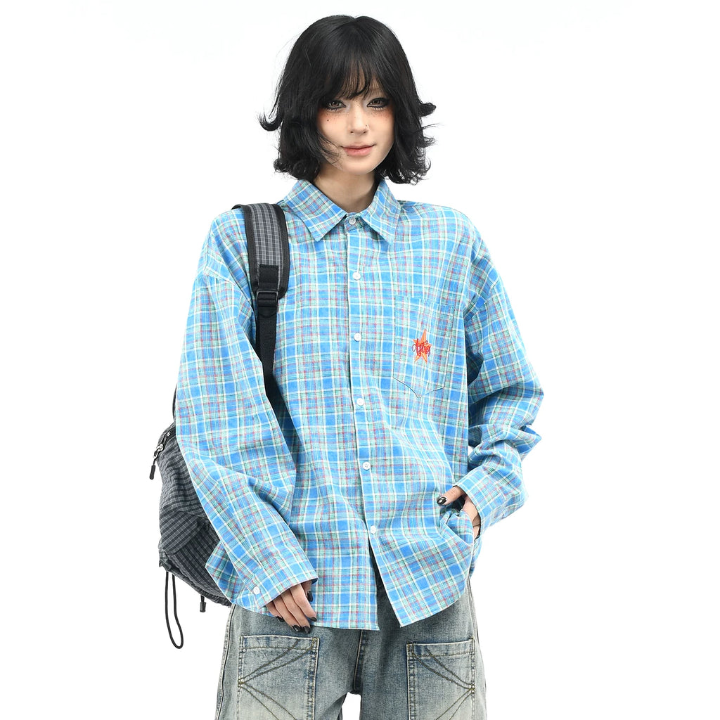 OV original American retro embroidered blue checkered shirt for men and women autumn street loose casual long sleeved shirt trend