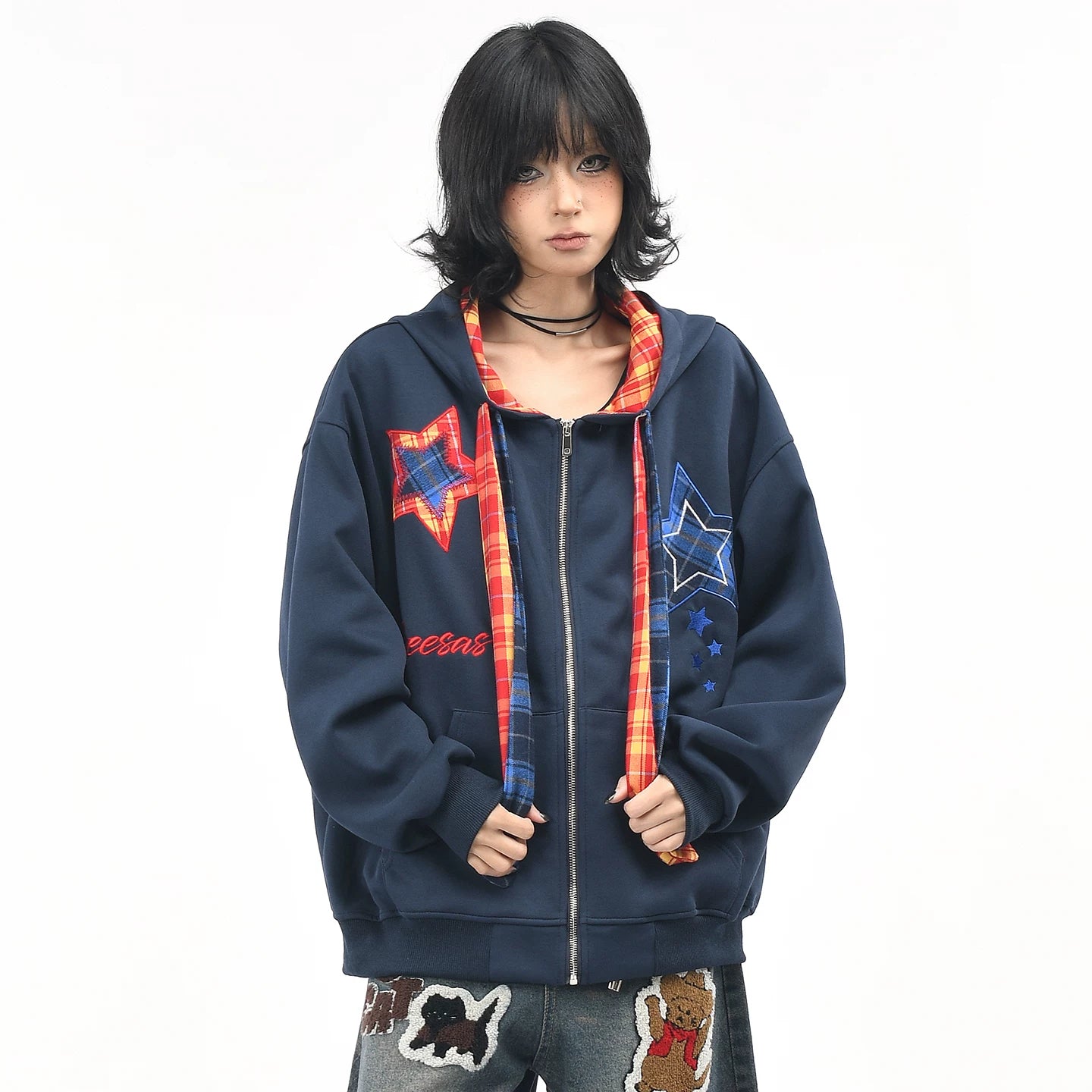 OV original American retro plaid embroidered hooded sweatshirt for women, autumn loose tie design, cardigan jacket for men