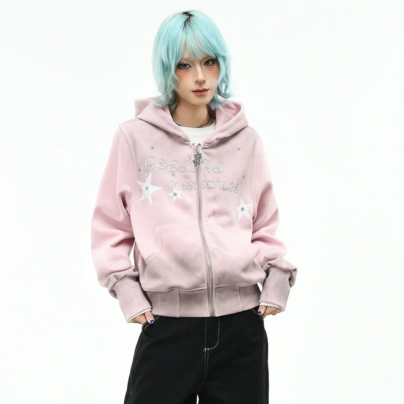 OV original retro star print dirty dye vintage hooded sweatshirt women's autumn short zipper cardigan trendy brand jacket