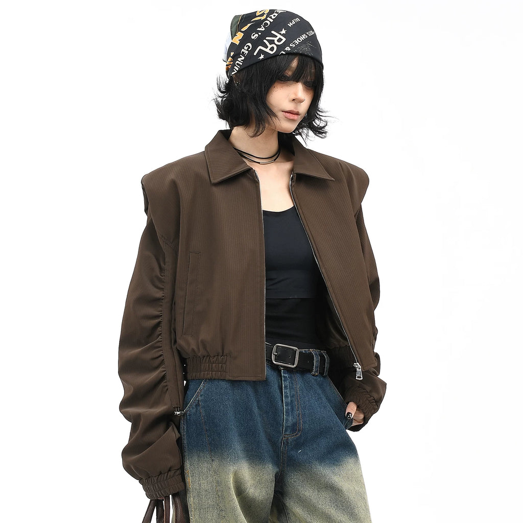 OV Original American Retro Shoulder Cushion Coffee Color Short Coat for Women, Autumn Luxury, Casual Collar Jacket, Trendy Top